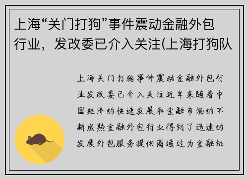 上海“关门打狗”事件震动金融外包行业，发改委已介入关注(上海打狗队热线2019)