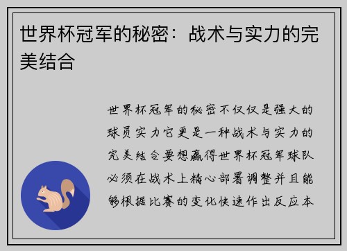 世界杯冠军的秘密：战术与实力的完美结合