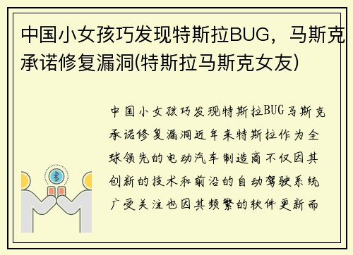 中国小女孩巧发现特斯拉BUG，马斯克承诺修复漏洞(特斯拉马斯克女友)