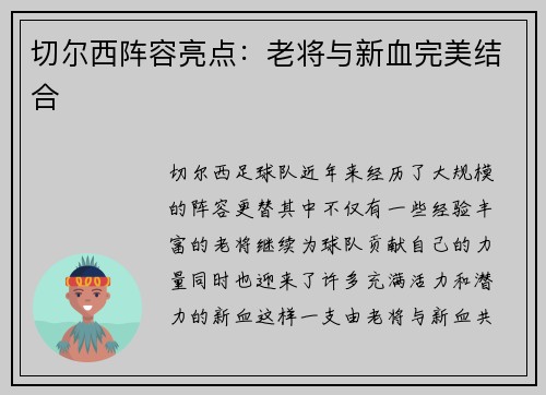 切尔西阵容亮点：老将与新血完美结合