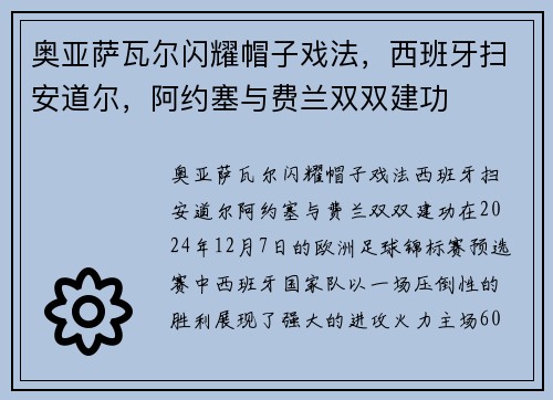 奥亚萨瓦尔闪耀帽子戏法，西班牙扫安道尔，阿约塞与费兰双双建功